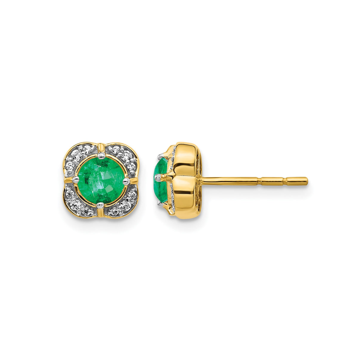 14k Yellow Gold Emerald Stud Earrings with Diamond Halo in Floral Design