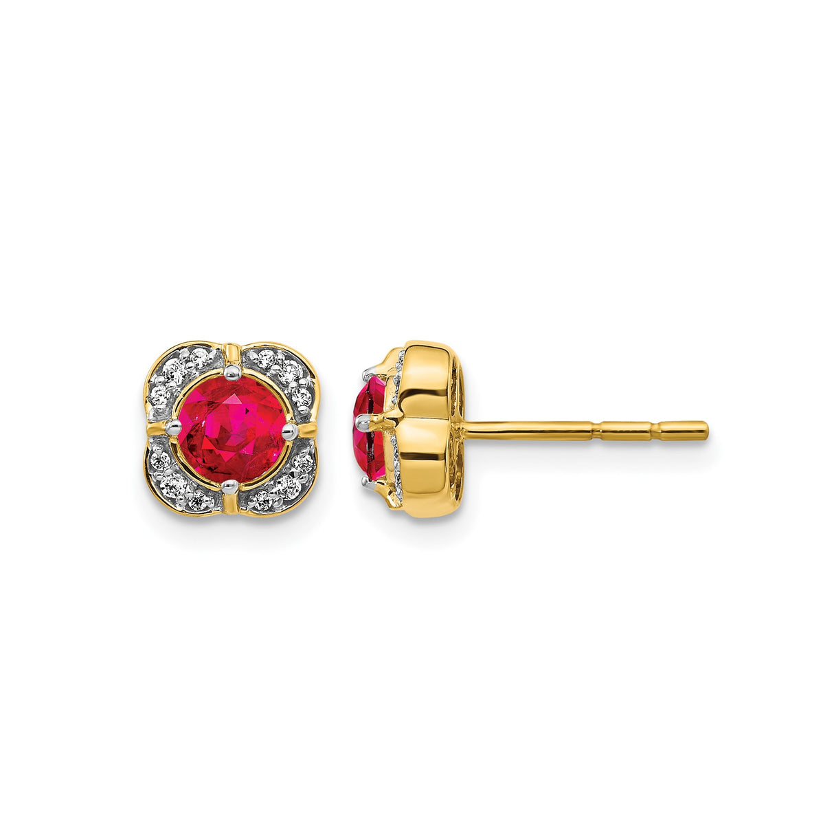 14k Yellow Gold Stud Earrings with Ruby and Diamond Halo Design