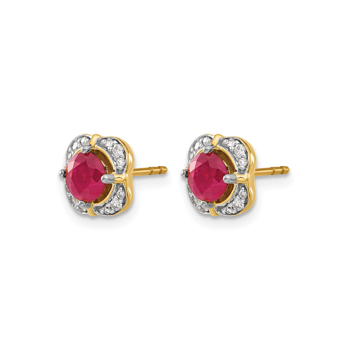 14k Yellow Gold Stud Earrings with Ruby and Diamond in Floral Halo Setting
