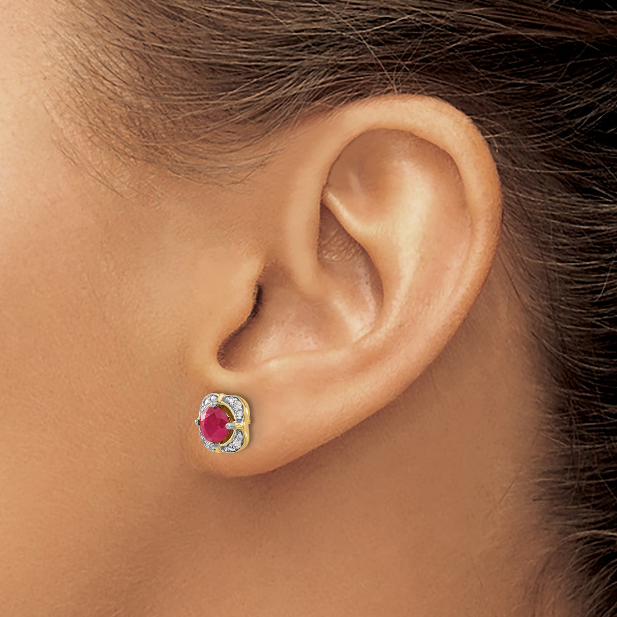 14k Yellow Gold Stud Earrings with Ruby and Diamond in Floral Halo Setting