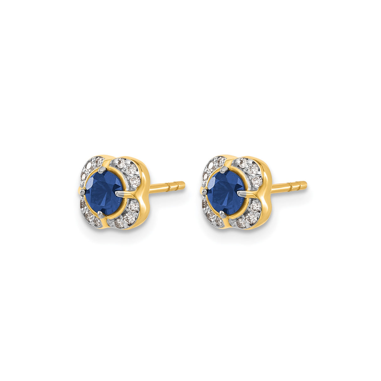 14k Yellow Gold Stud Earrings with Round Sapphire and Diamond Floral Halo Setting