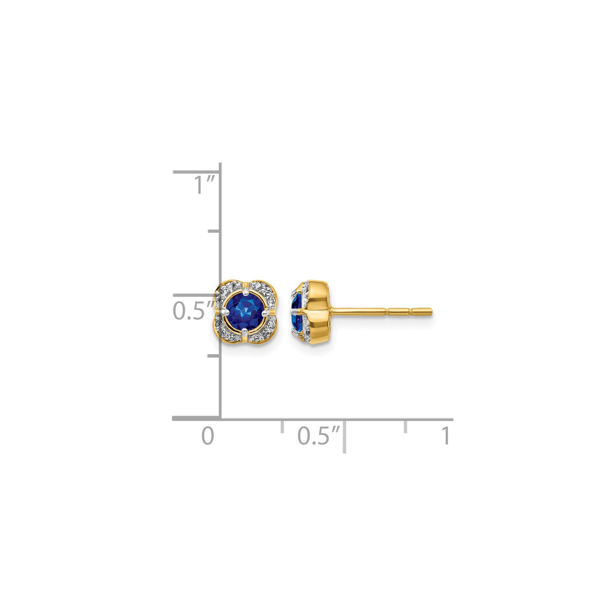 14k Yellow Gold Stud Earrings with Round Sapphire and Diamond Floral Halo Setting
