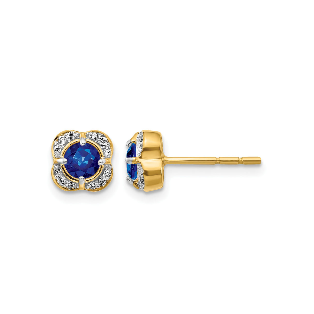 14k Yellow Gold Stud Earrings with Round Sapphire and Diamond Floral Halo Setting