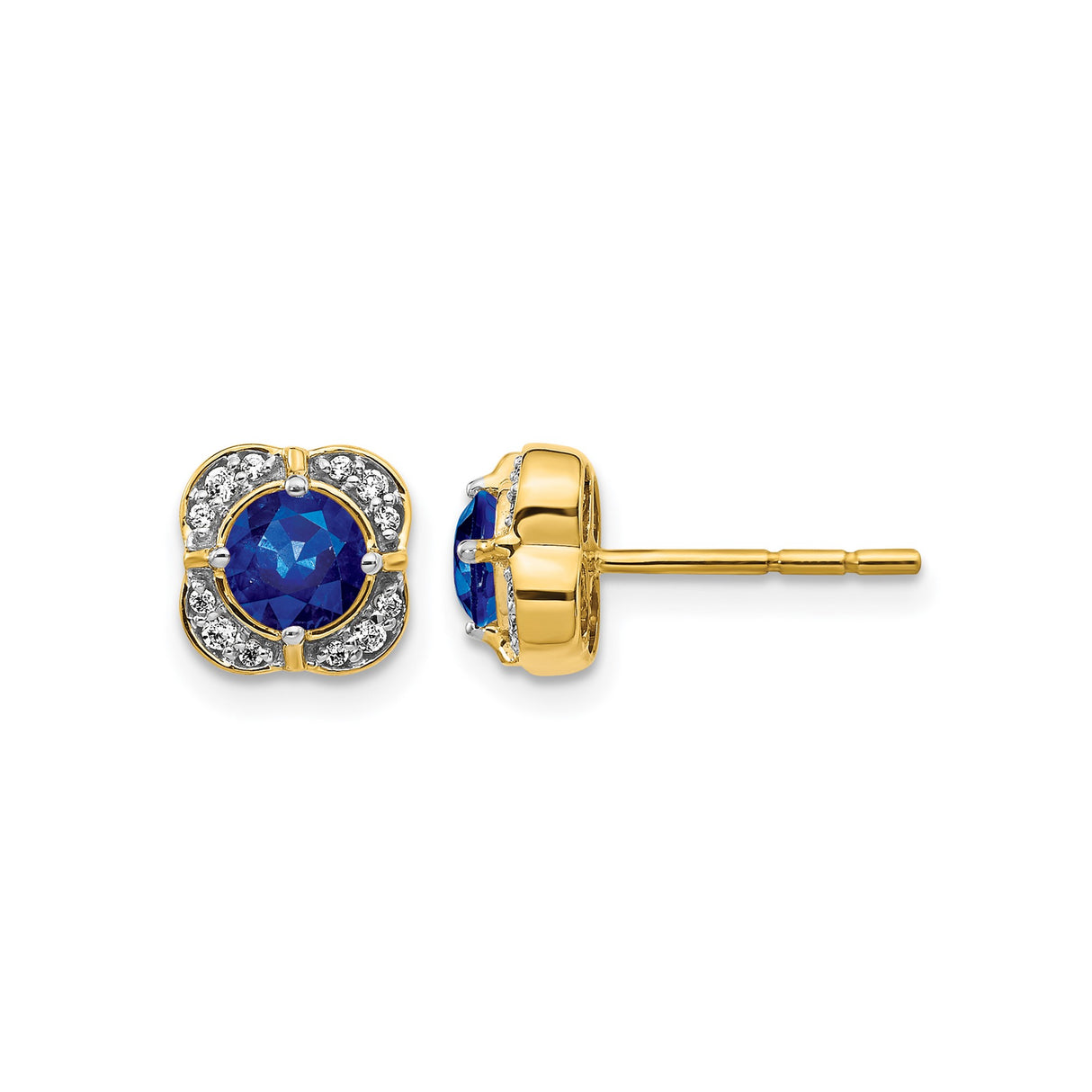 14k Yellow Gold Stud Earrings with Sapphire and Diamond Halo in Floral Design