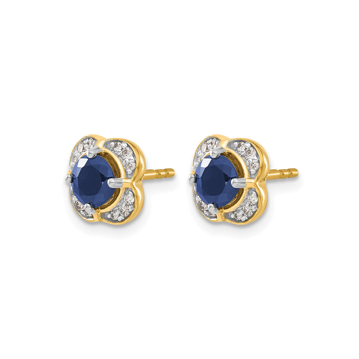 14k Yellow Gold Stud Earrings with Round Sapphire and Diamond Halo Floral Setting