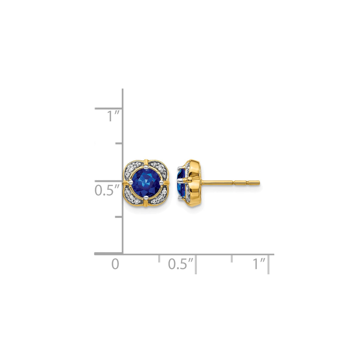 14k Yellow Gold Stud Earrings with Round Sapphire and Diamond Halo Floral Setting