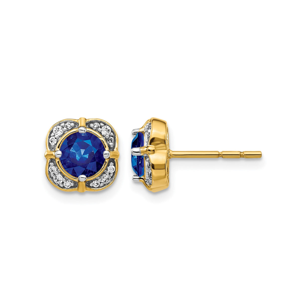 14k Yellow Gold Stud Earrings with Round Sapphire and Diamond Halo Floral Setting