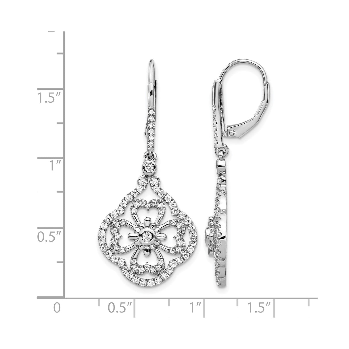 14k White Gold Dangle Earrings with Diamond Pavé, Floral Filigree Design, Leverback Style