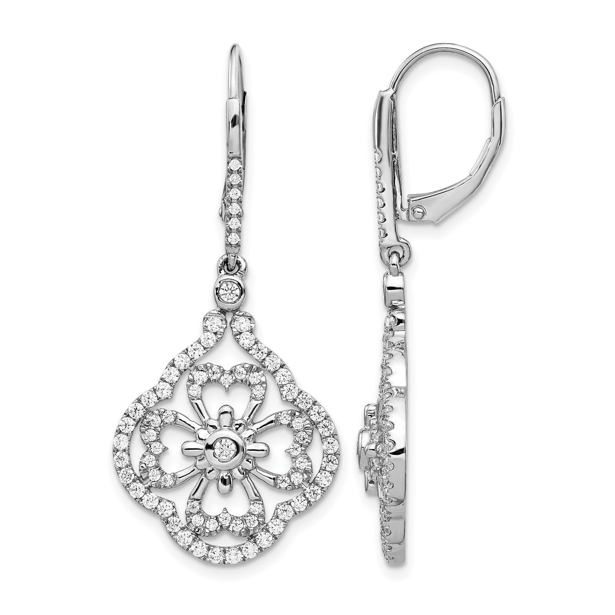 14k White Gold Dangle Earrings with Diamond Pavé, Floral Filigree Design, Leverback Style