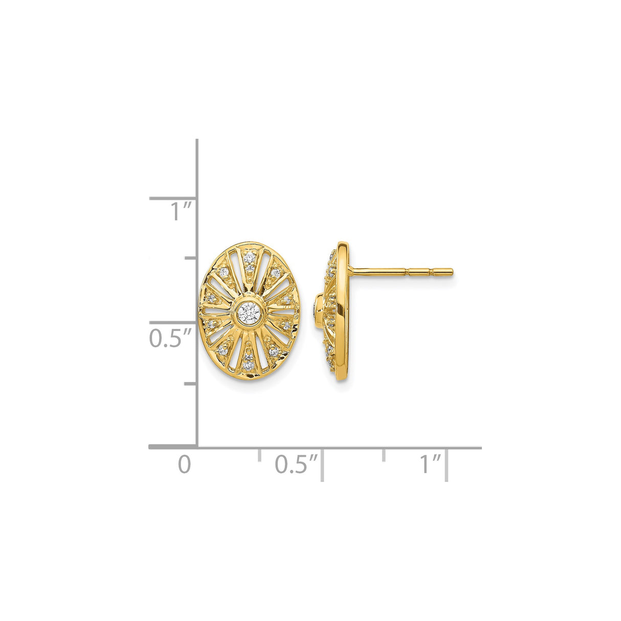 14k Yellow Gold Oval Stud Earrings with Diamond Center and Sunburst Design
