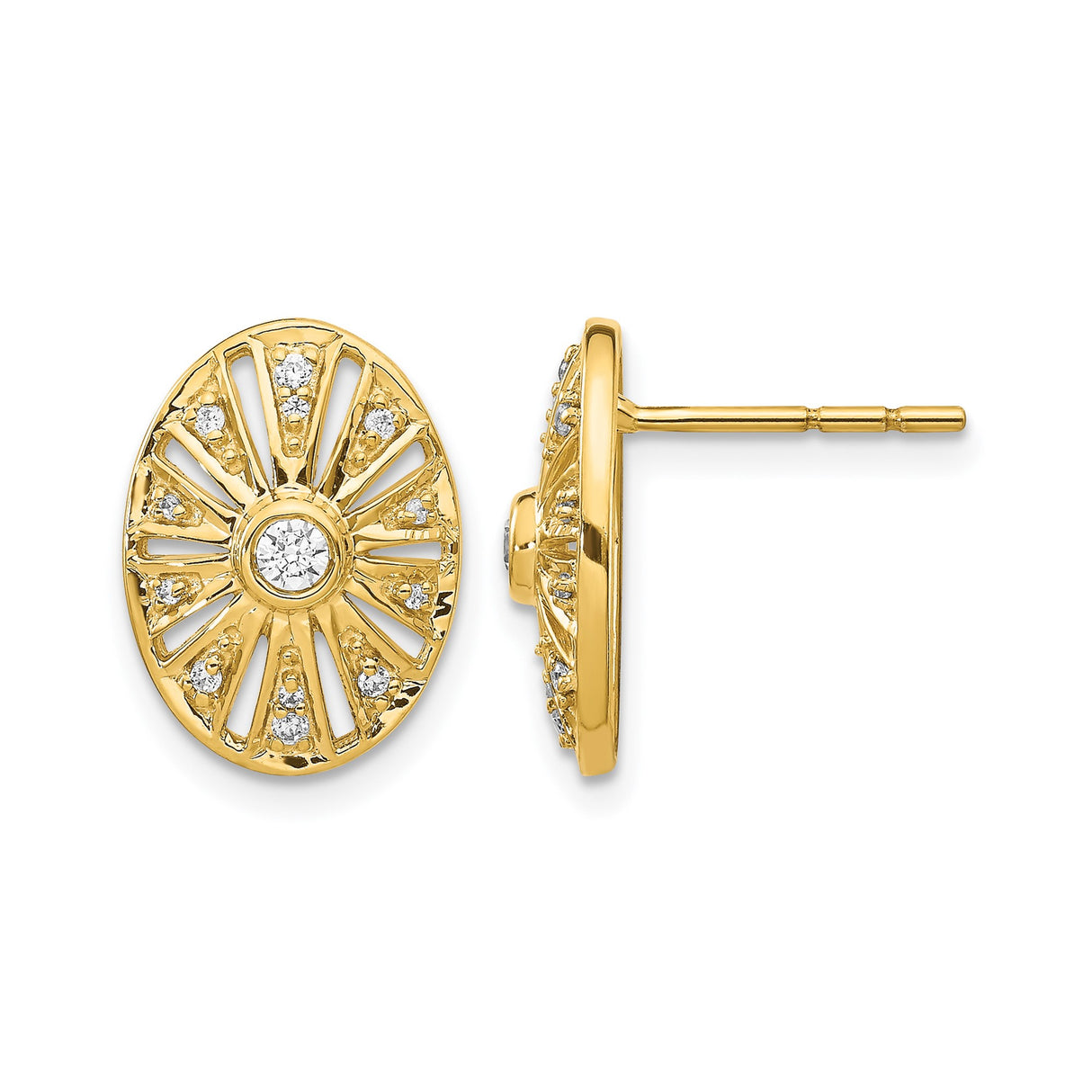 14k Yellow Gold Oval Stud Earrings with Diamond Center and Sunburst Design