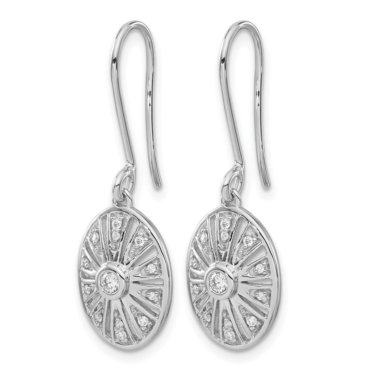 14k White Gold Oval Drop Earrings with Diamond Accents and Sunburst Design