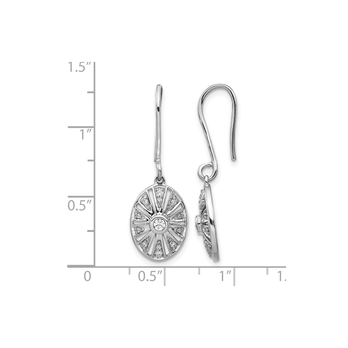 14k White Gold Oval Drop Earrings with Diamond Accents and Sunburst Design