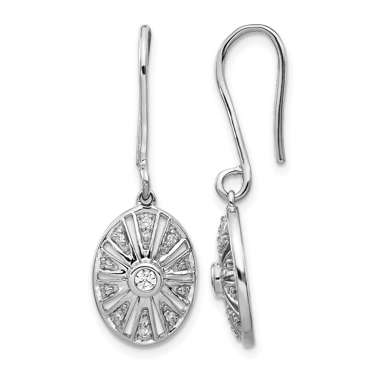 14k White Gold Oval Drop Earrings with Diamond Accents and Sunburst Design