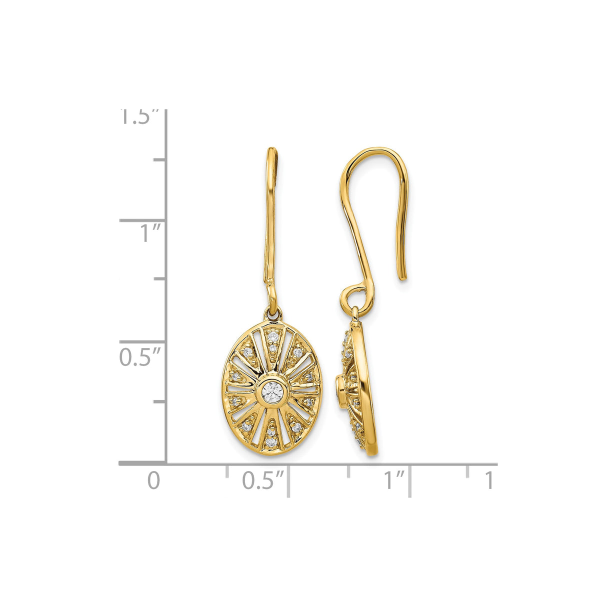 14k Yellow Gold Dangle Earrings with Diamond, Oval Sunburst Design