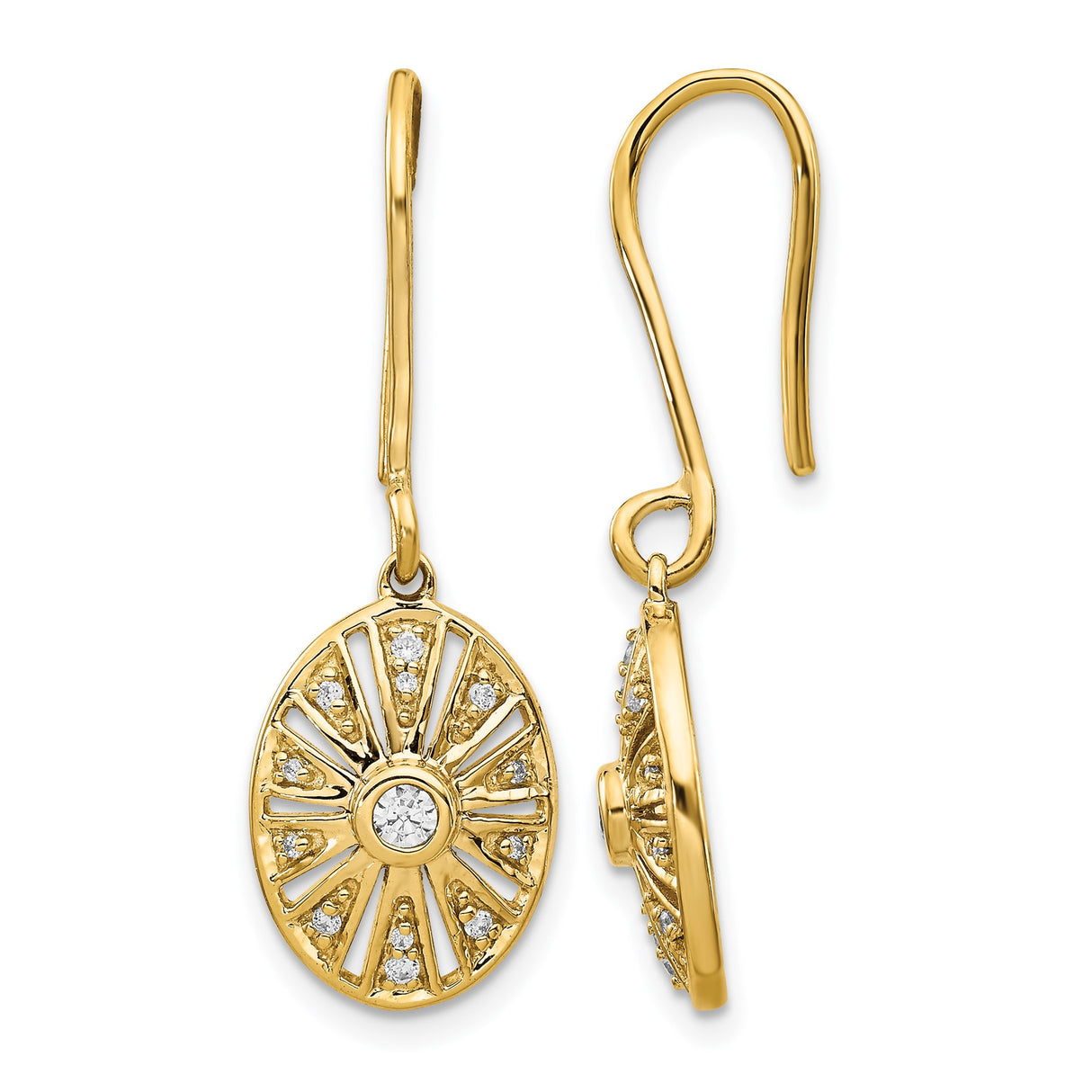 14k Yellow Gold Dangle Earrings with Diamond, Oval Sunburst Design