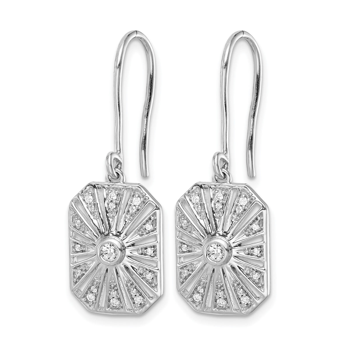 14k White Gold Dangle Earrings with Diamond Accents, Geometric Sunburst Art Deco Design