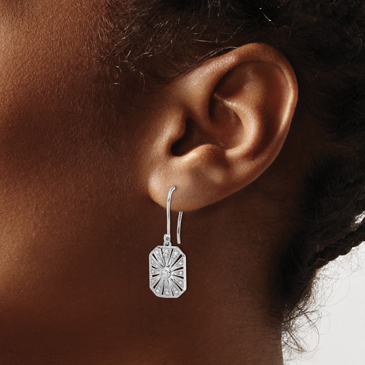 14k White Gold Dangle Earrings with Diamond Accents, Geometric Sunburst Art Deco Design