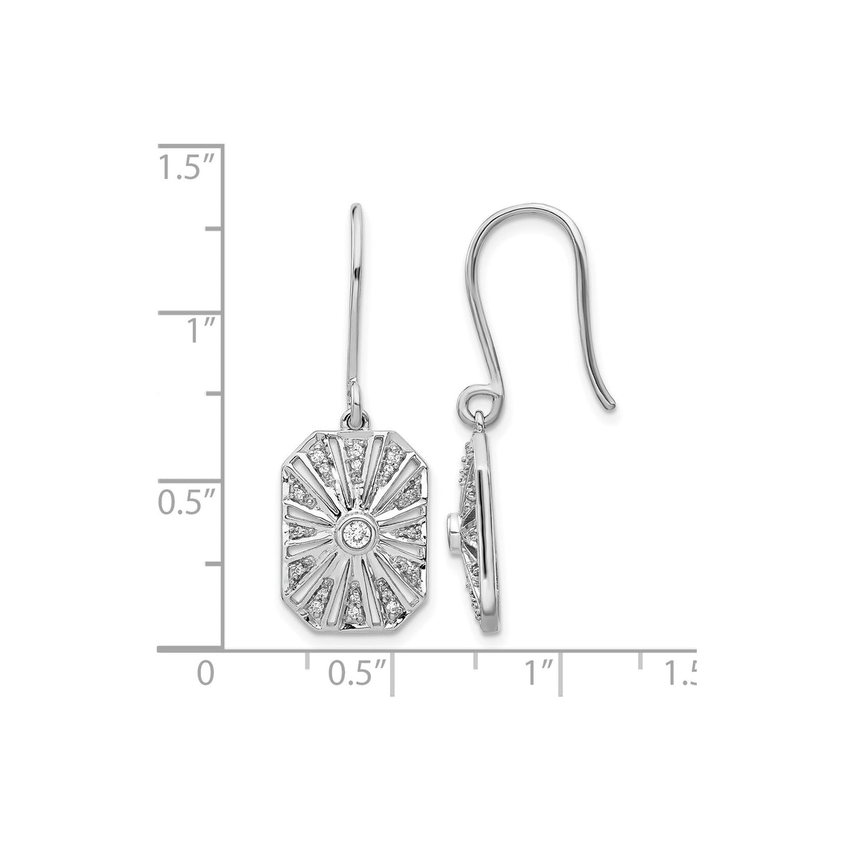 14k White Gold Dangle Earrings with Diamond Accents, Geometric Sunburst Art Deco Design