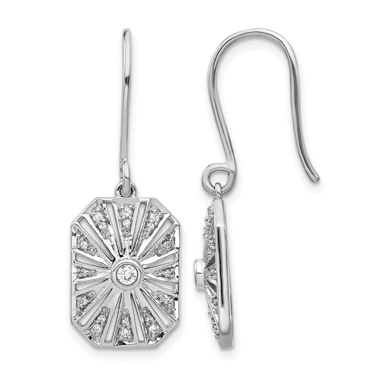14k White Gold Dangle Earrings with Diamond Accents, Geometric Sunburst Art Deco Design