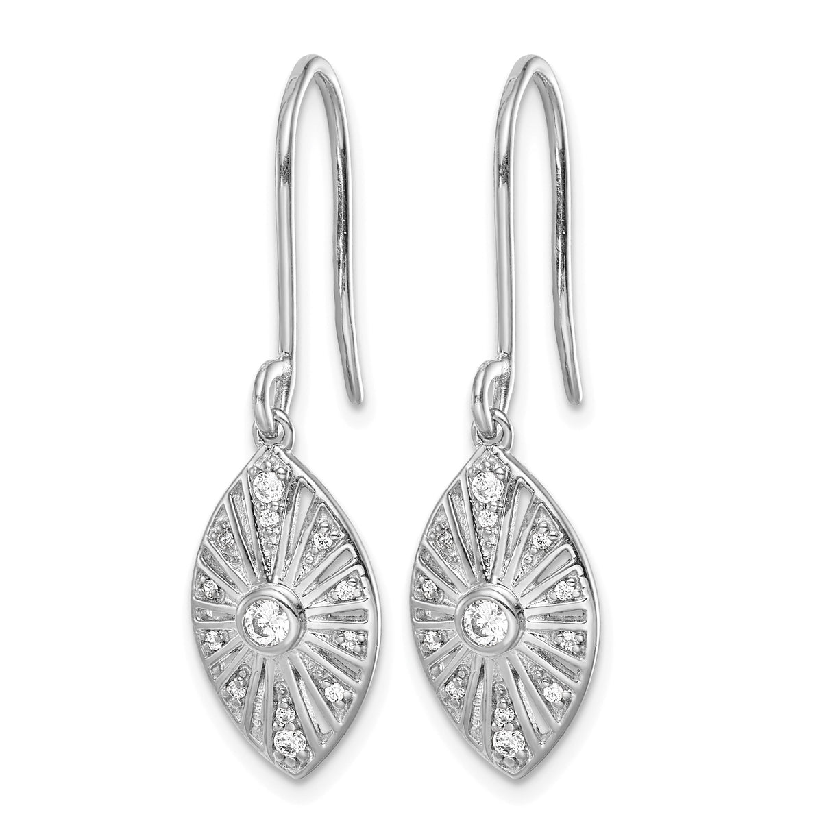 14k White Gold Dangle Earrings with Diamond Accents, Marquise Sunburst Design, Leverback Closure