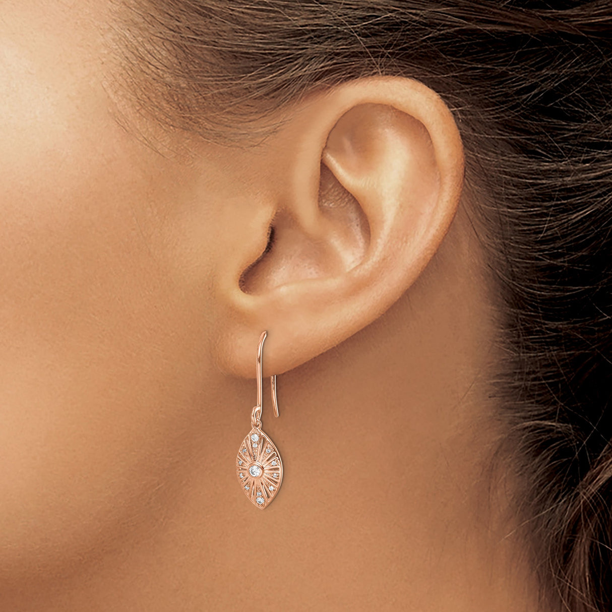 14k White Gold Dangle Earrings with Diamond Accents, Marquise Sunburst Design, Leverback Closure