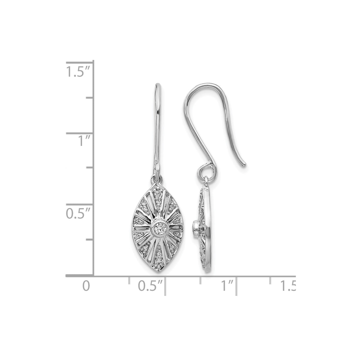 14k White Gold Dangle Earrings with Diamond Accents, Marquise Sunburst Design, Leverback Closure