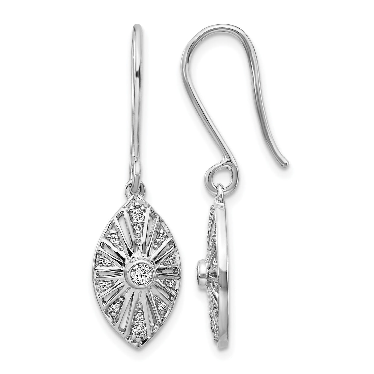 14k White Gold Dangle Earrings with Diamond Accents, Marquise Sunburst Design, Leverback Closure