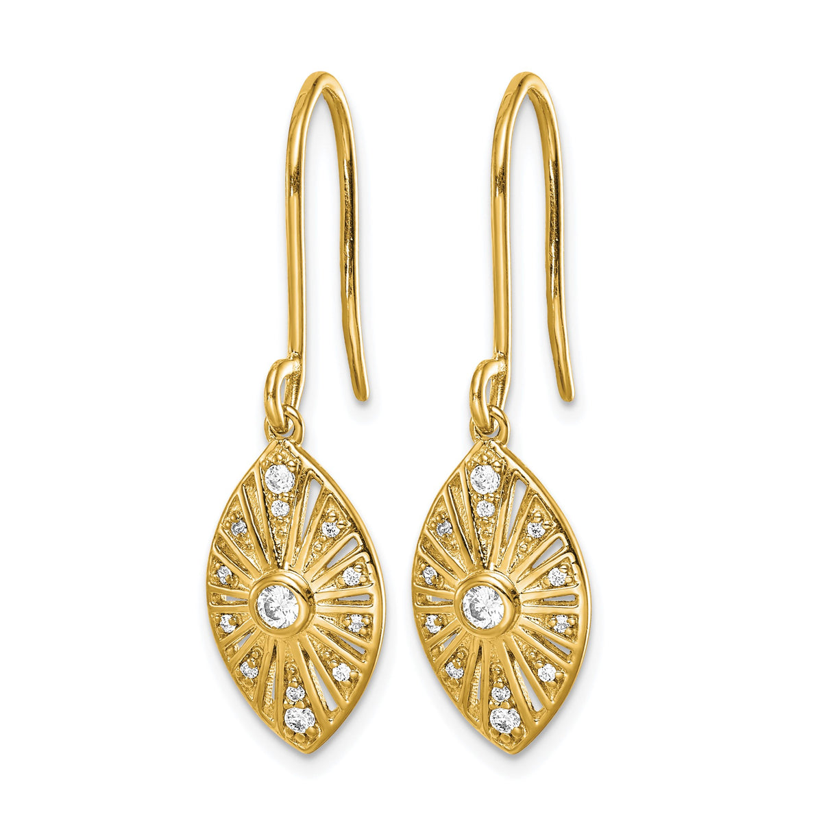 14k Yellow Gold Dangle Earrings with Diamond, Marquise Sunburst Design, Leverback Closure