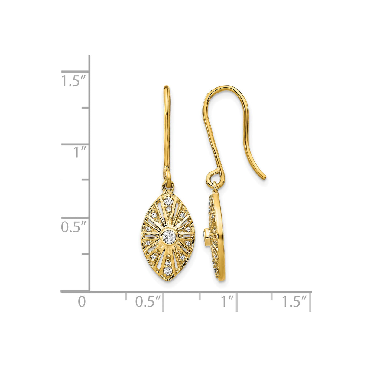 14k Yellow Gold Dangle Earrings with Diamond, Marquise Sunburst Design, Leverback Closure