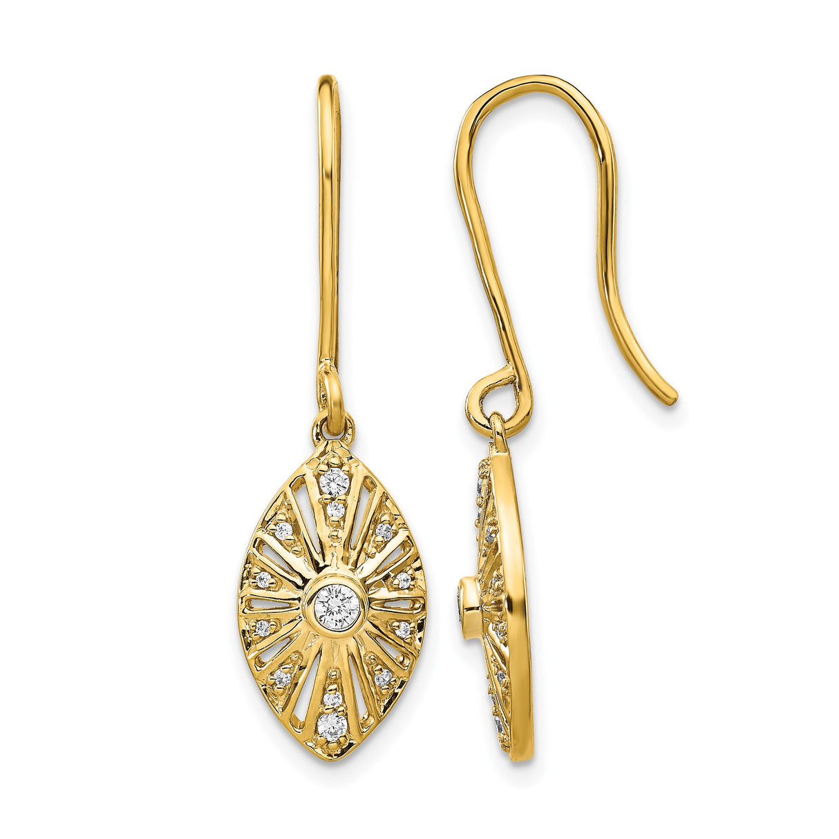 14k Yellow Gold Dangle Earrings with Diamond, Marquise Sunburst Design, Leverback Closure
