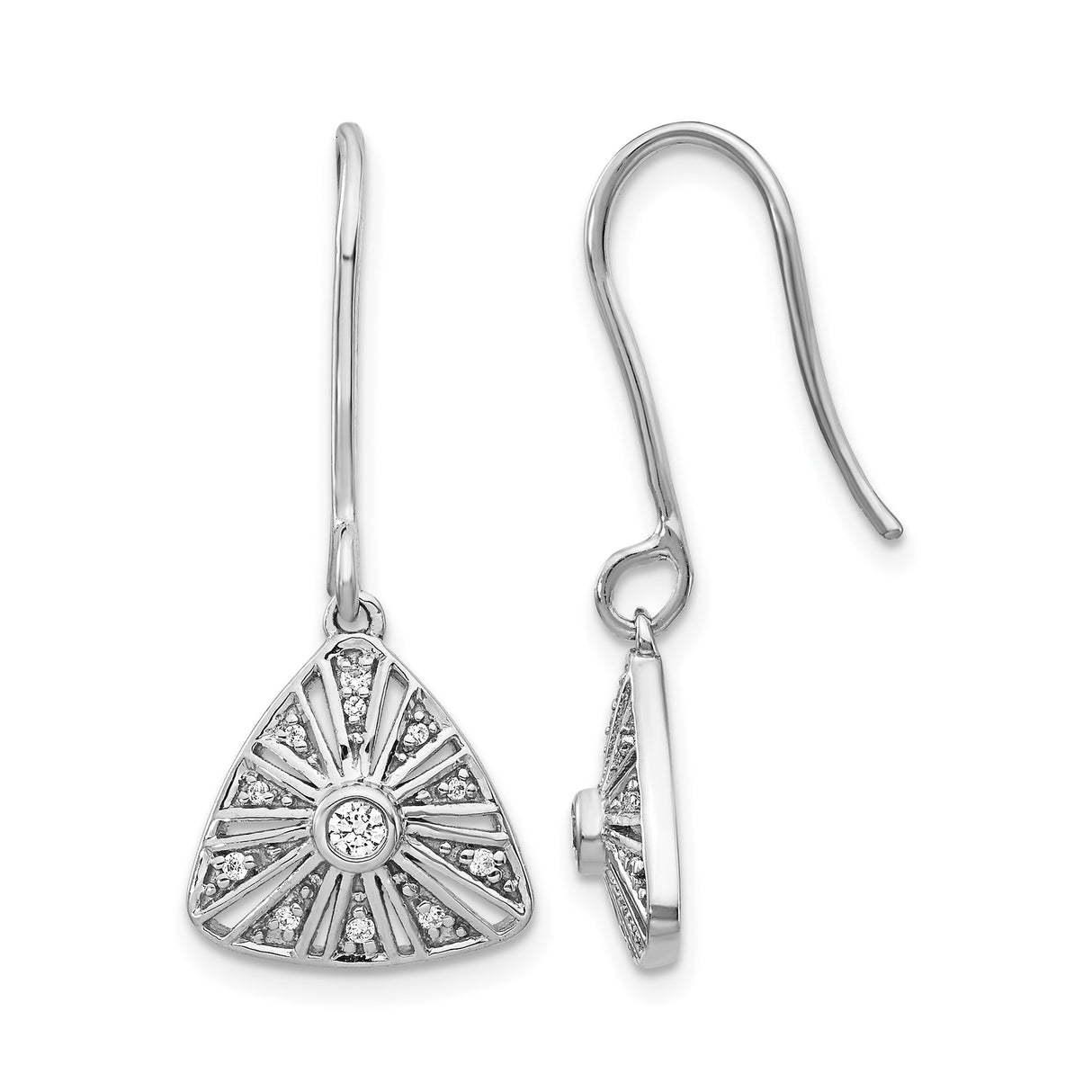 14k White Gold Dangle Earrings with Diamond Accents, Triangle Sunburst Design, Geometric Drop Style