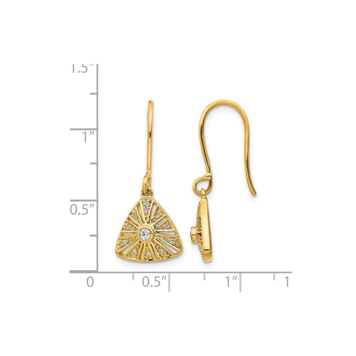 14k Yellow Gold Dangle Earrings with Diamond, Sunburst Design, Triangular Drop, Leverback Closure