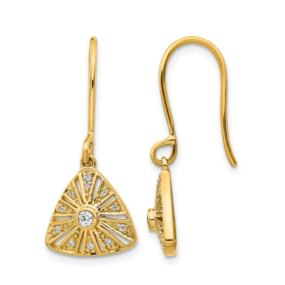 14k Yellow Gold Dangle Earrings with Diamond, Sunburst Design, Triangular Drop, Leverback Closure