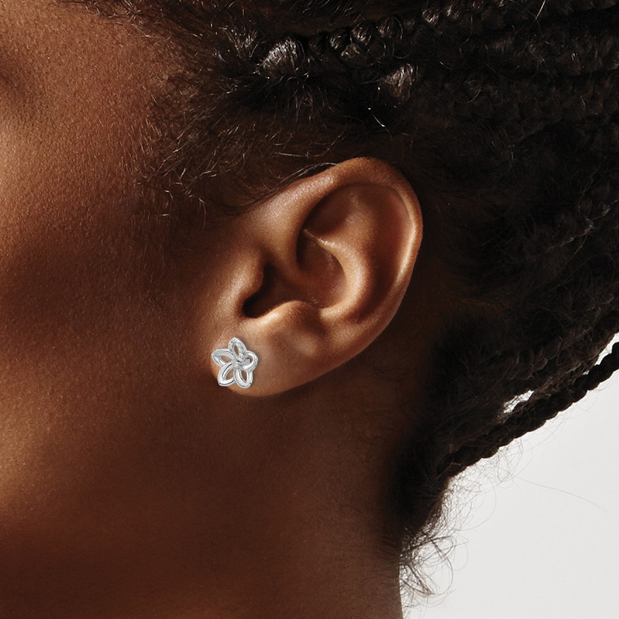14k White Gold Flower Stud Earrings with Diamond Accents, Open Petal Design