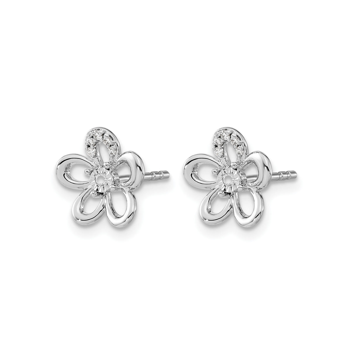 14k White Gold Flower Stud Earrings with Diamond Accents, Open Petal Design