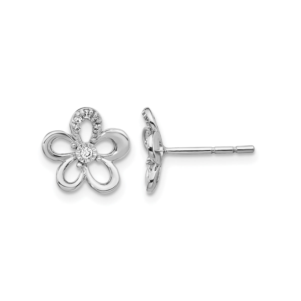 14k White Gold Flower Stud Earrings with Diamond Accents, Open Petal Design
