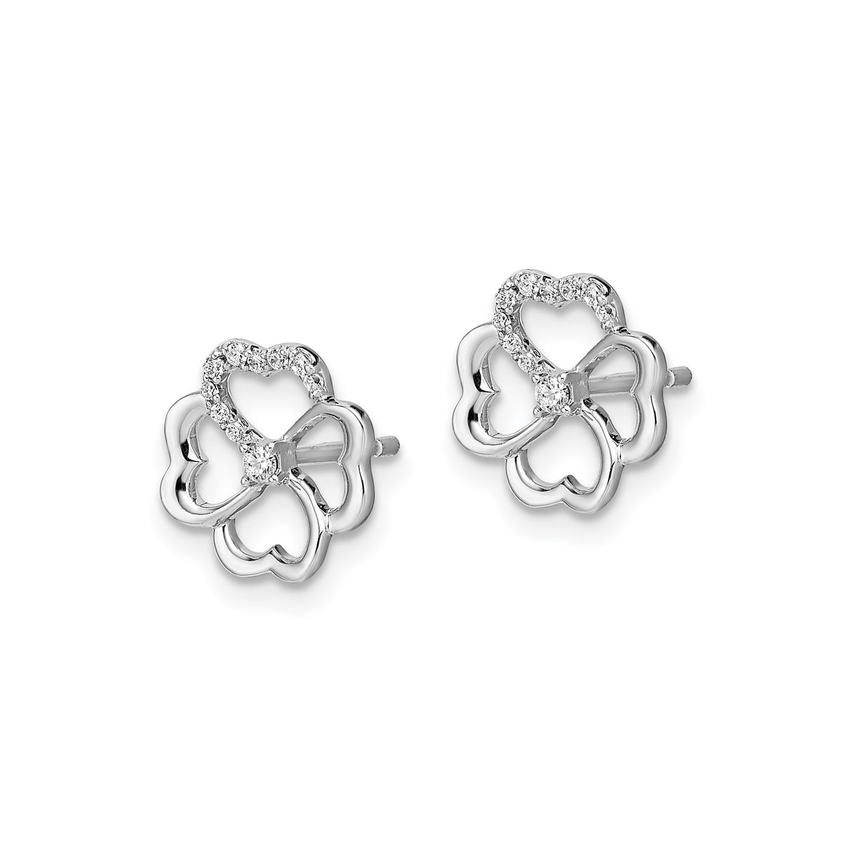 14k White Gold Clover Stud Earrings with Heart Shaped Petals and Diamonds