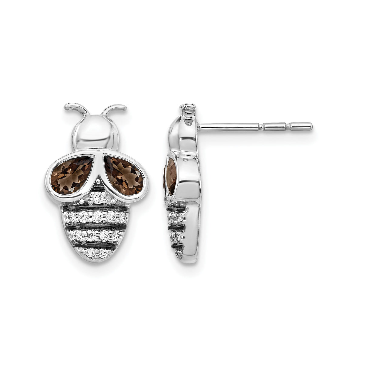 14k White Gold Bee Stud Earrings with Smoky Quartz and Diamond Accents, Nature-Inspired Jewelry