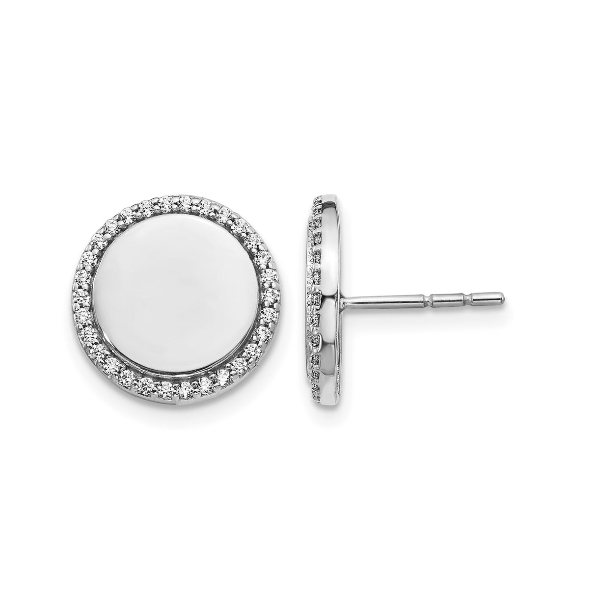 14k White Gold Diamond Halo Stud Earrings with Polished Center and Accents