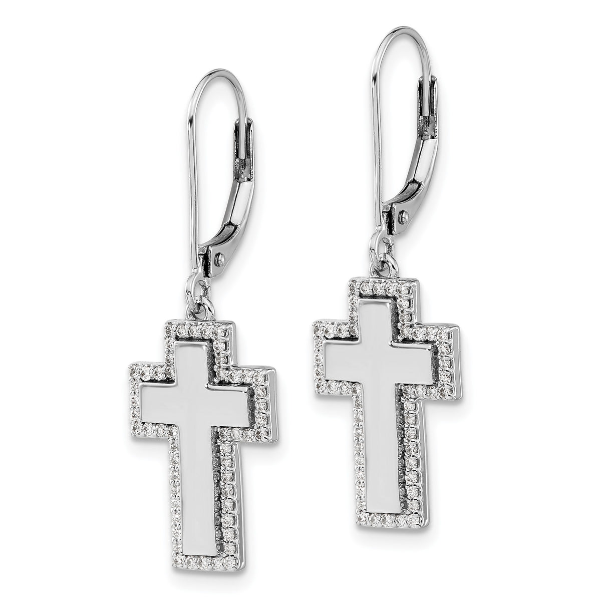 14k White Gold Leverback Cross Earrings with Diamond Accents, Modern Spiritual Design
