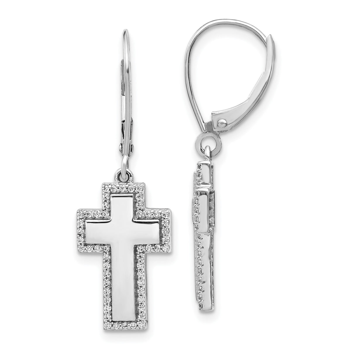 14k White Gold Leverback Cross Earrings with Diamond Accents, Modern Spiritual Design