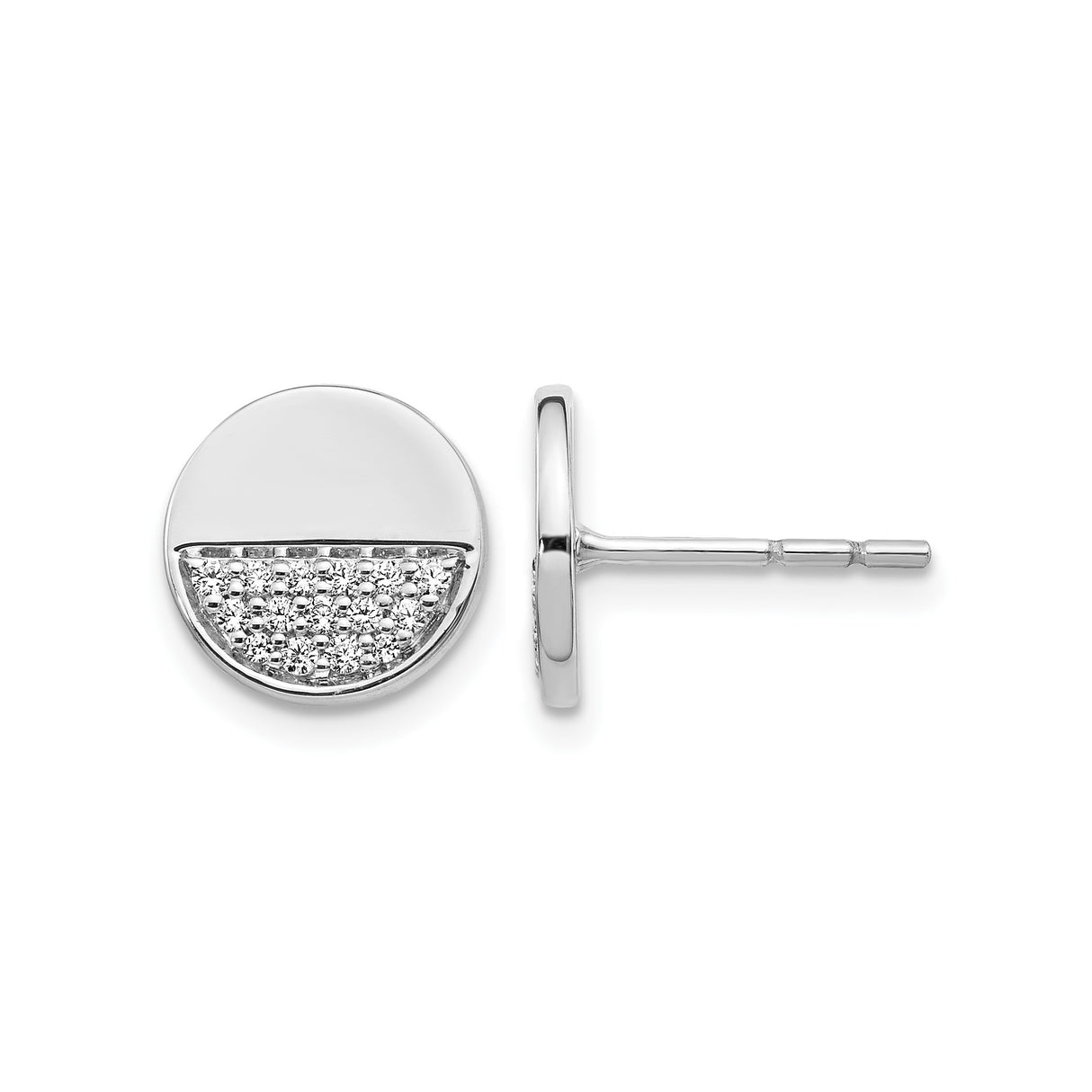 14k White Gold Stud Earrings with Diamond Half Pave Design, Modern Minimalist Style