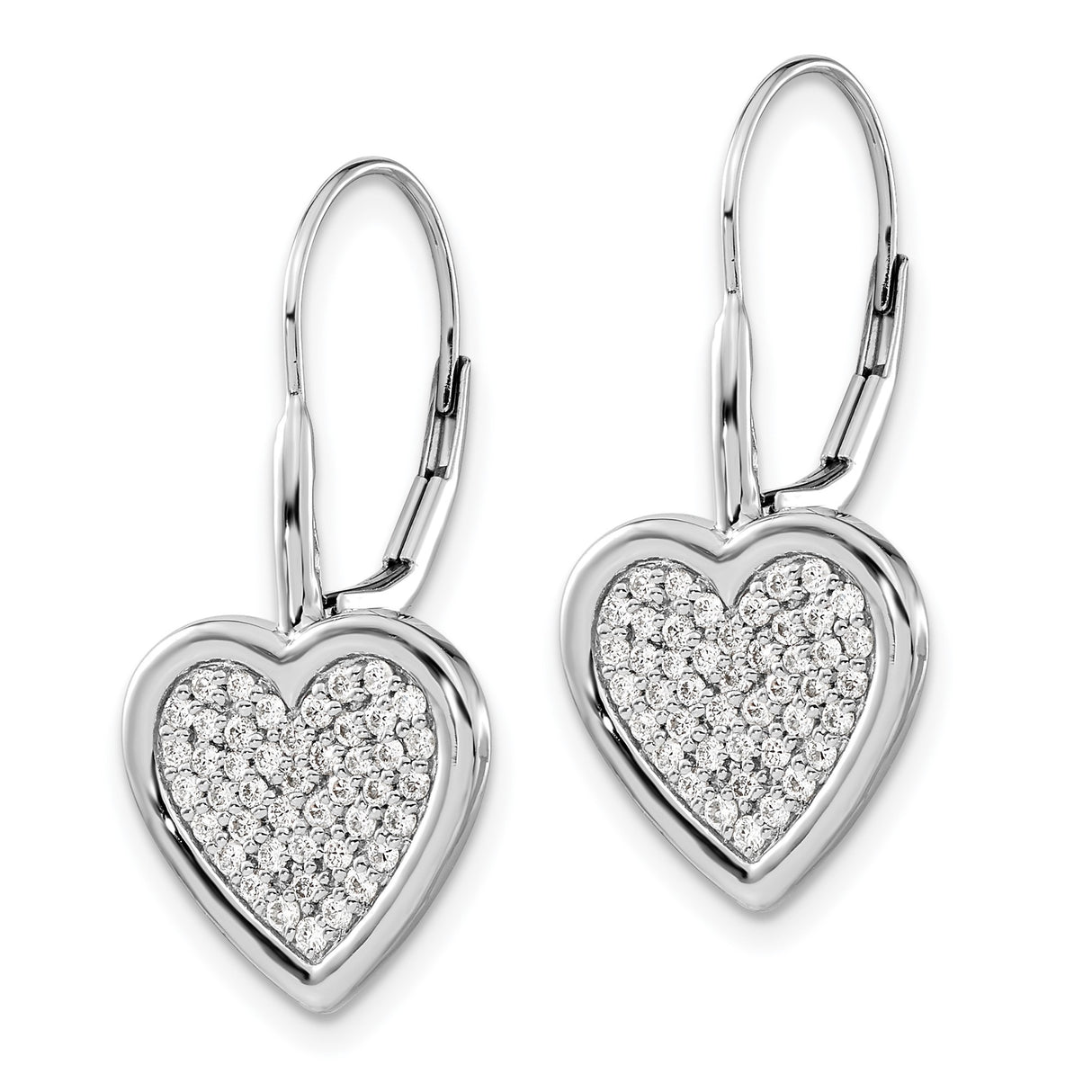 14k White Gold Heart Leverback Earrings with Pavé Diamonds, Romantic Bridal Jewelry