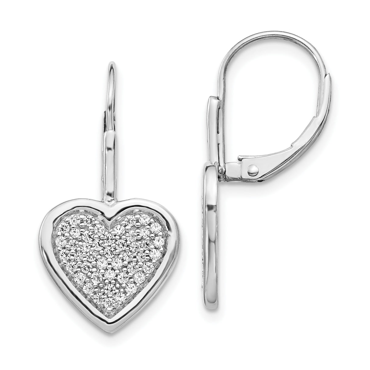 14k White Gold Heart Leverback Earrings with Pavé Diamonds, Romantic Bridal Jewelry