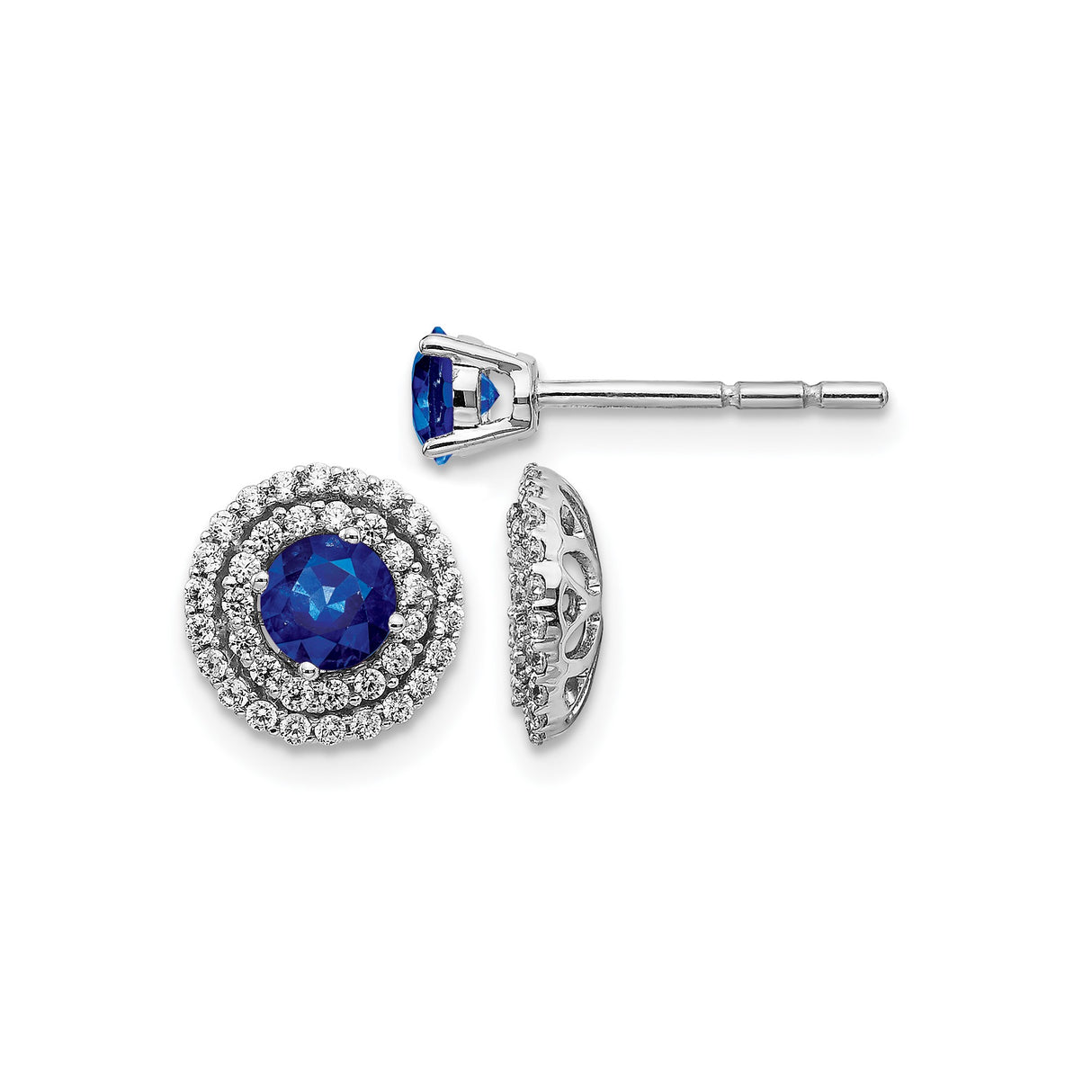 14k White Gold Halo Stud Earrings with Blue Sapphire and Diamond Accents