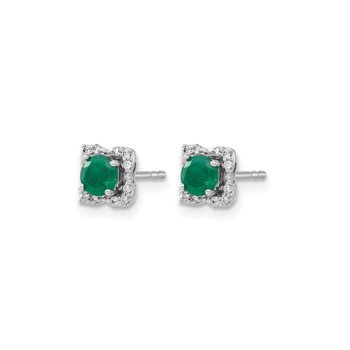 14k White Gold Stud Earrings with Emerald Center and Diamond Halo in Floral Design