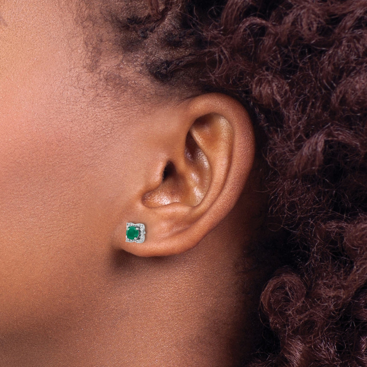 14k White Gold Stud Earrings with Emerald Center and Diamond Halo in Floral Design