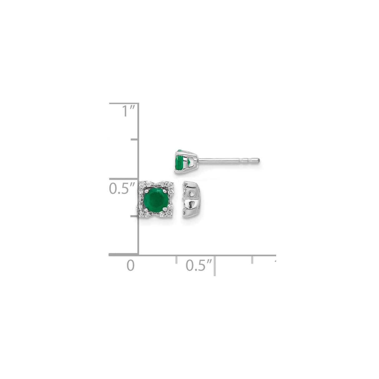 14k White Gold Stud Earrings with Emerald Center and Diamond Halo in Floral Design