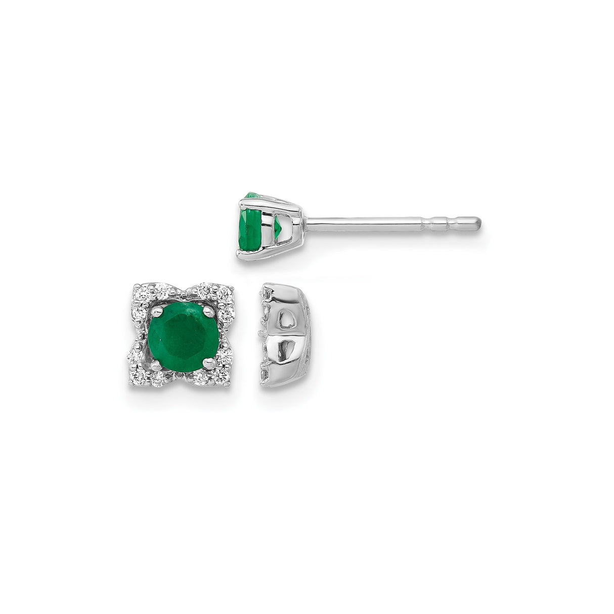 14k White Gold Stud Earrings with Emerald Center and Diamond Halo in Floral Design